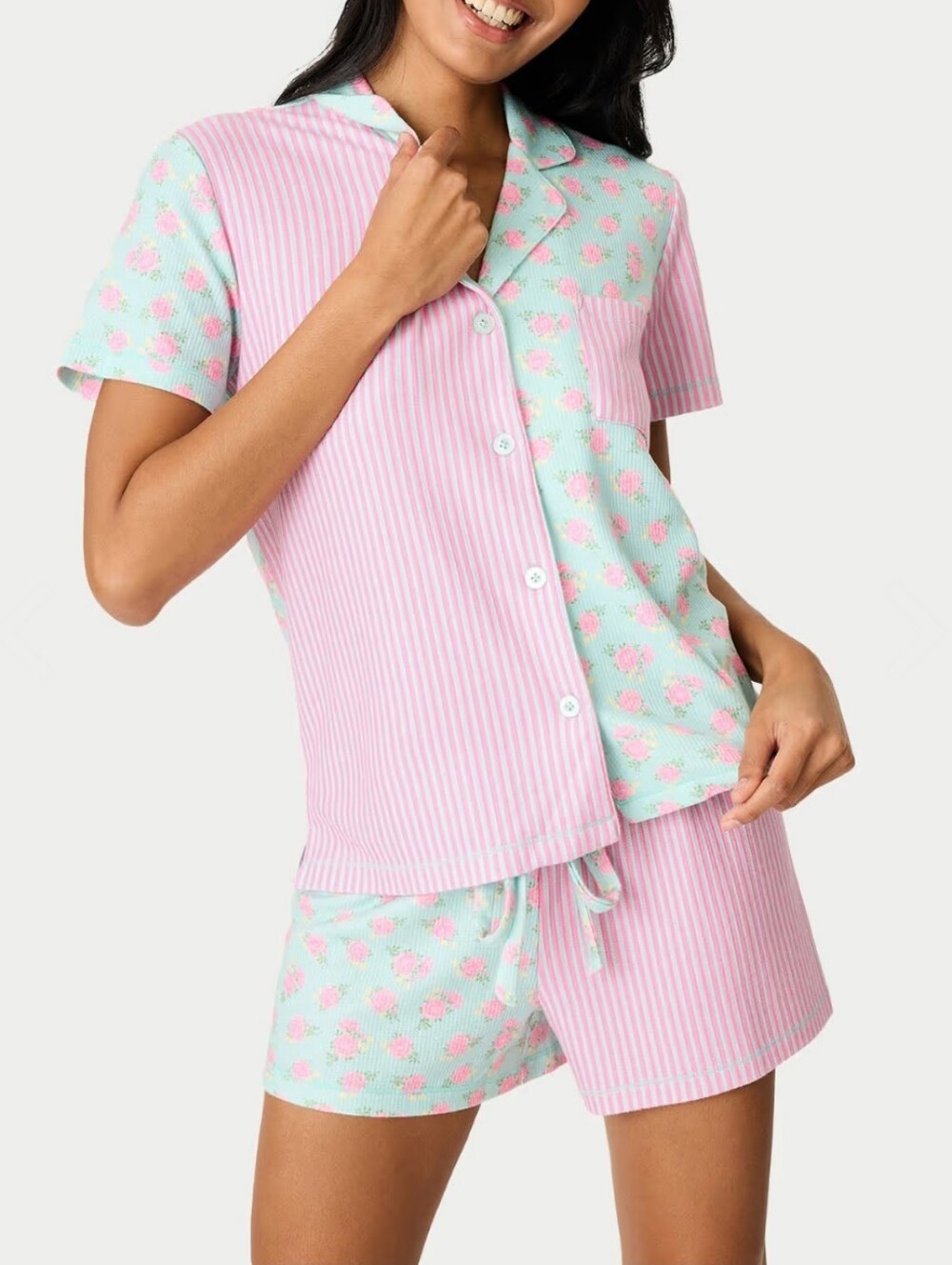 P.J. Salvage Secret Garden Striped Floral Knit Pajama Set In Pink Mint, NWT, XL - Picture 5 of 6